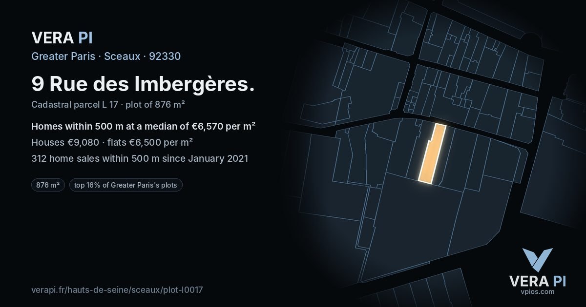 9 Rue des Imbergères, Sceaux at night – the plot lit, the parcels around coloured by the prices near them