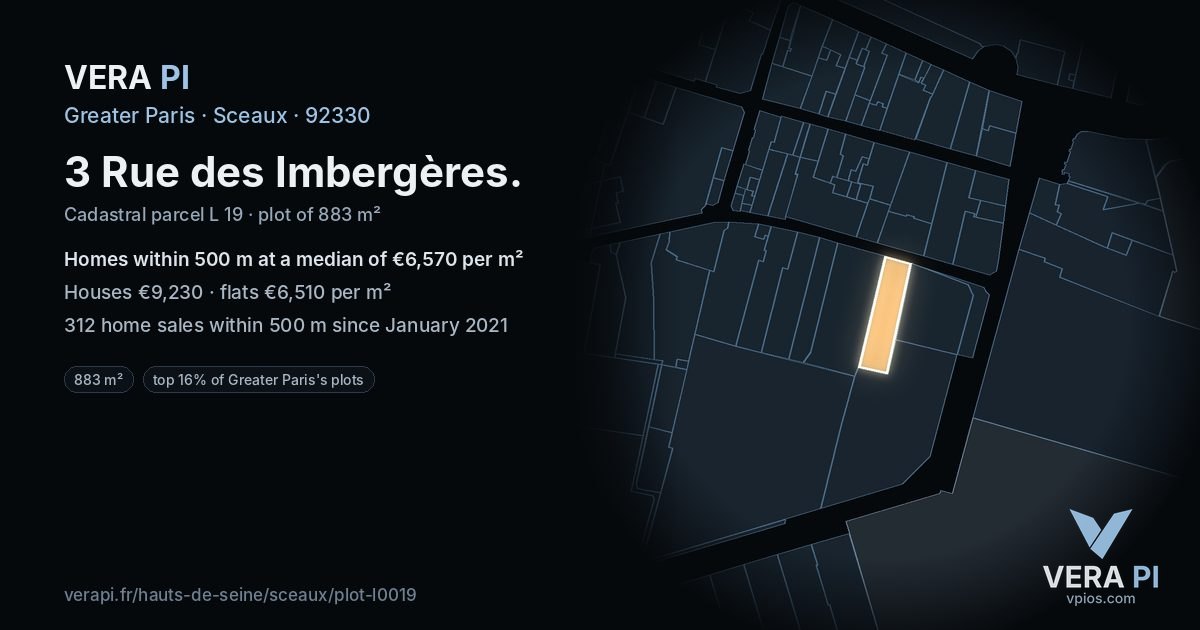 3 Rue des Imbergères, Sceaux at night – the plot lit, the parcels around coloured by the prices near them