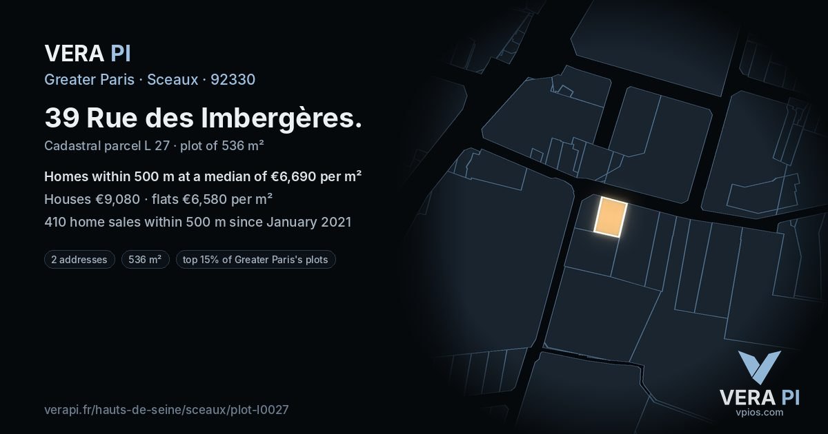 39 Rue des Imbergères, Sceaux at night – the plot lit, the parcels around coloured by the prices near them