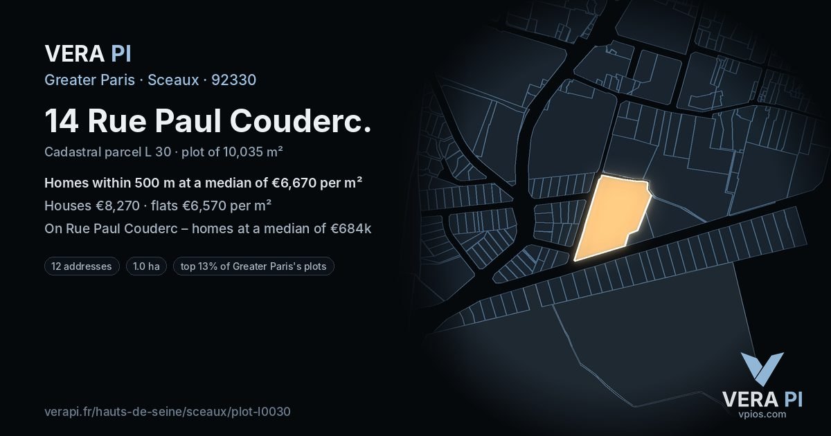 14 Rue Paul Couderc, Sceaux at night – the plot lit, the parcels around coloured by the prices near them