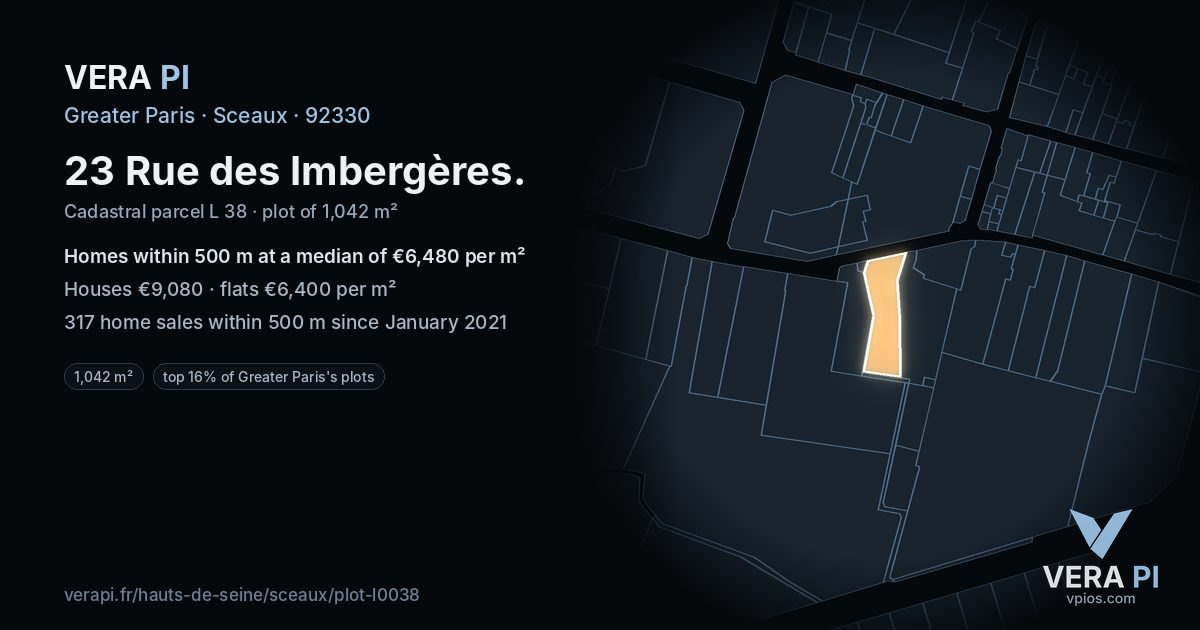 23 Rue des Imbergères, Sceaux at night – the plot lit, the parcels around coloured by the prices near them