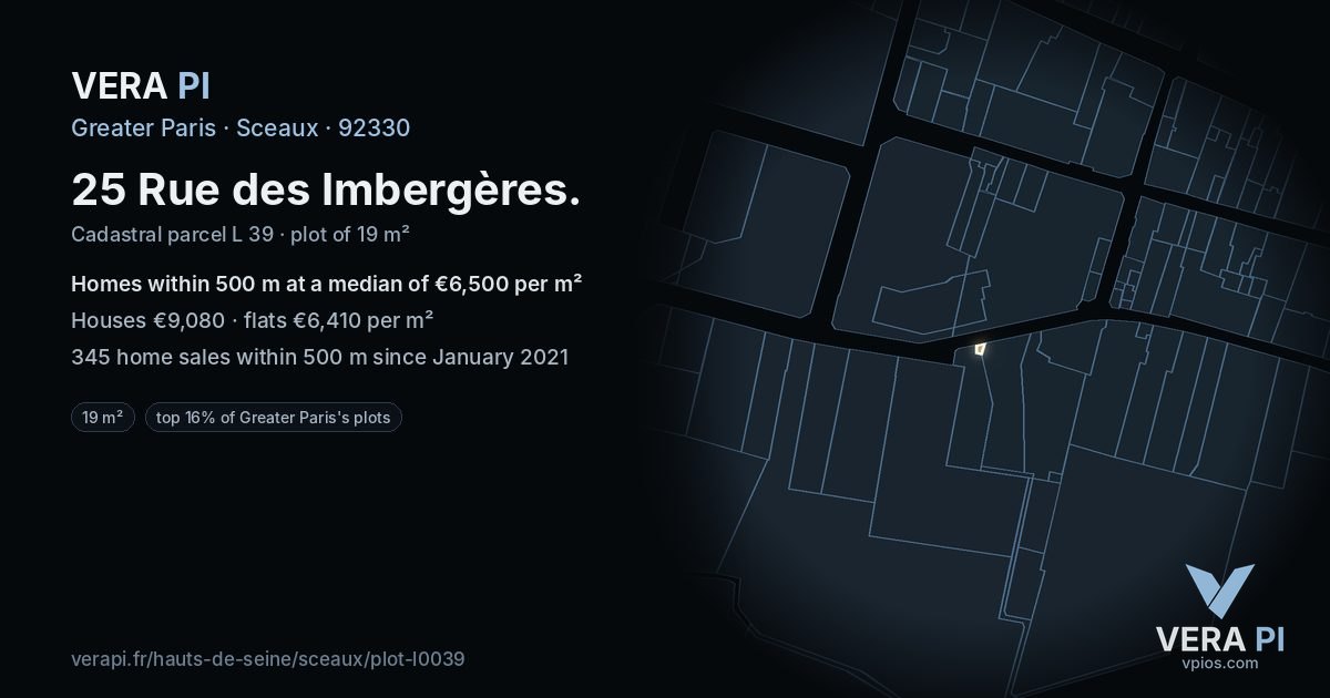 25 Rue des Imbergères, Sceaux at night – the plot lit, the parcels around coloured by the prices near them