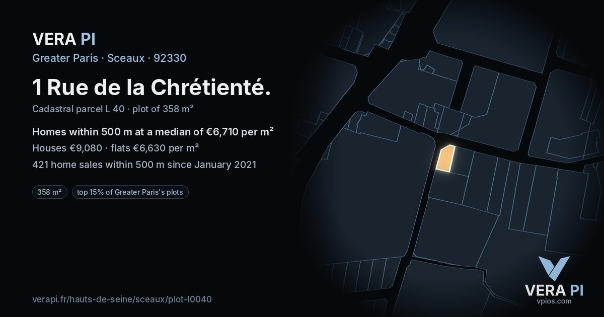 1 Rue de la Chrétienté, Sceaux at night – the plot lit, the parcels around coloured by the prices near them