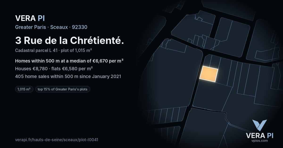 3 Rue de la Chrétienté, Sceaux at night – the plot lit, the parcels around coloured by the prices near them
