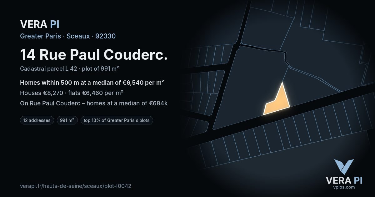 14 Rue Paul Couderc, Sceaux at night – the plot lit, the parcels around coloured by the prices near them
