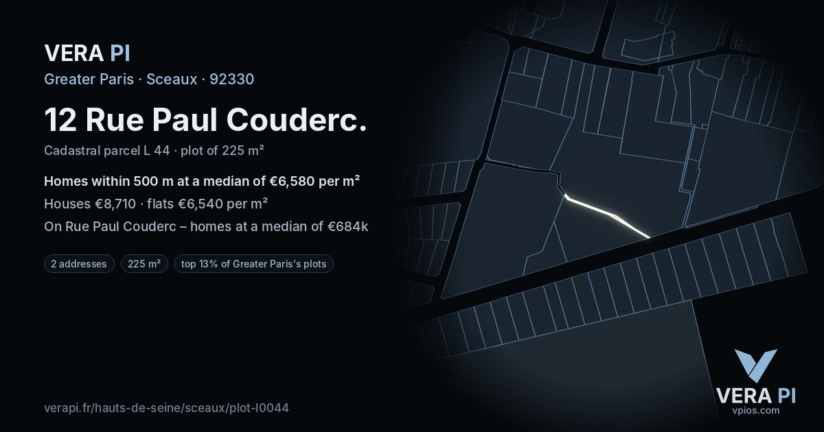 12 Rue Paul Couderc, Sceaux at night – the plot lit, the parcels around coloured by the prices near them