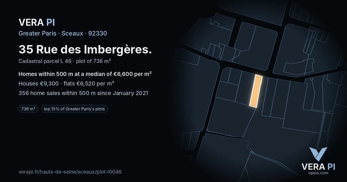 35 Rue des Imbergères, Sceaux at night – the plot lit, the parcels around coloured by the prices near them