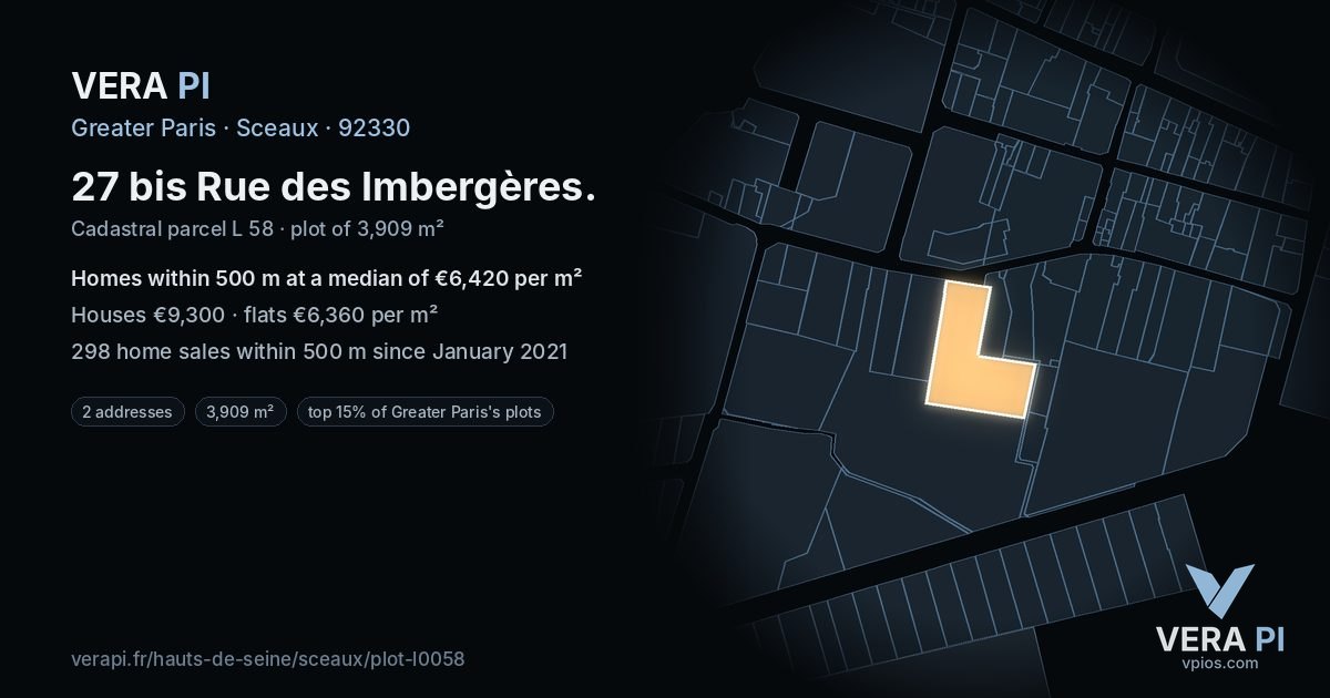 27 bis Rue des Imbergères, Sceaux at night – the plot lit, the parcels around coloured by the prices near them