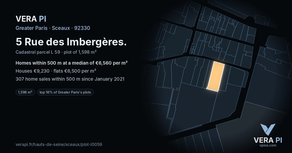 5 Rue des Imbergères, Sceaux at night – the plot lit, the parcels around coloured by the prices near them