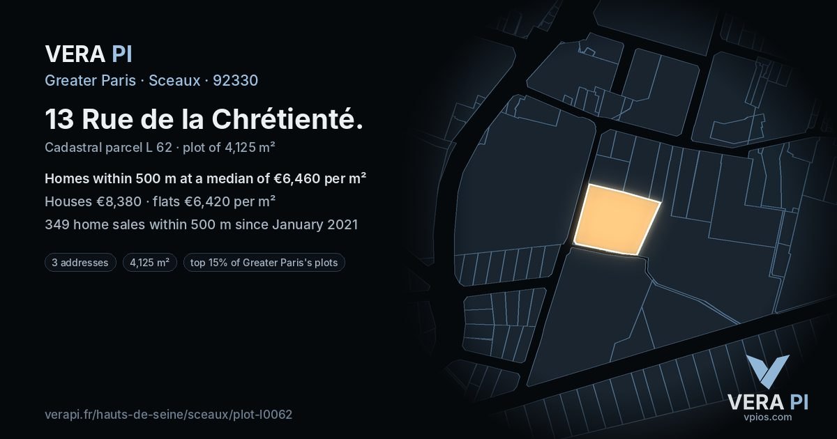 13 Rue de la Chrétienté, Sceaux at night – the plot lit, the parcels around coloured by the prices near them