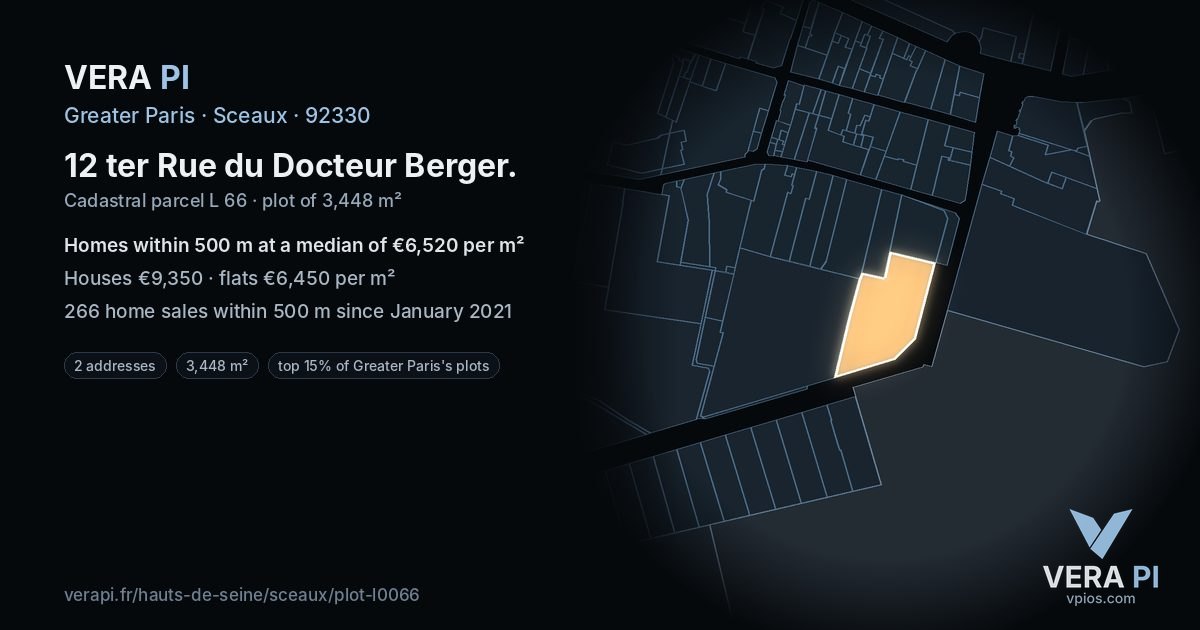 12 ter Rue du Docteur Berger, Sceaux at night – the plot lit, the parcels around coloured by the prices near them