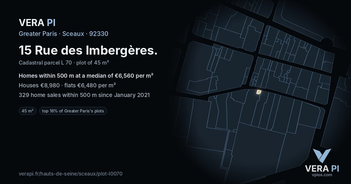 15 Rue des Imbergères, Sceaux at night – the plot lit, the parcels around coloured by the prices near them