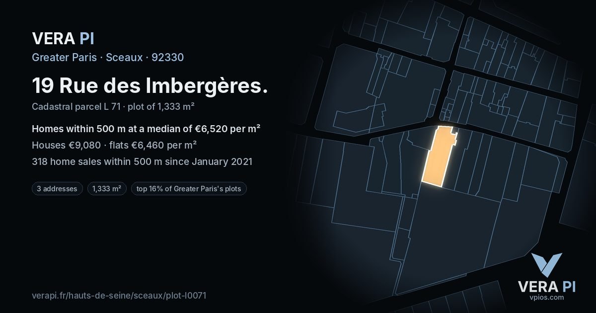 19 Rue des Imbergères, Sceaux at night – the plot lit, the parcels around coloured by the prices near them