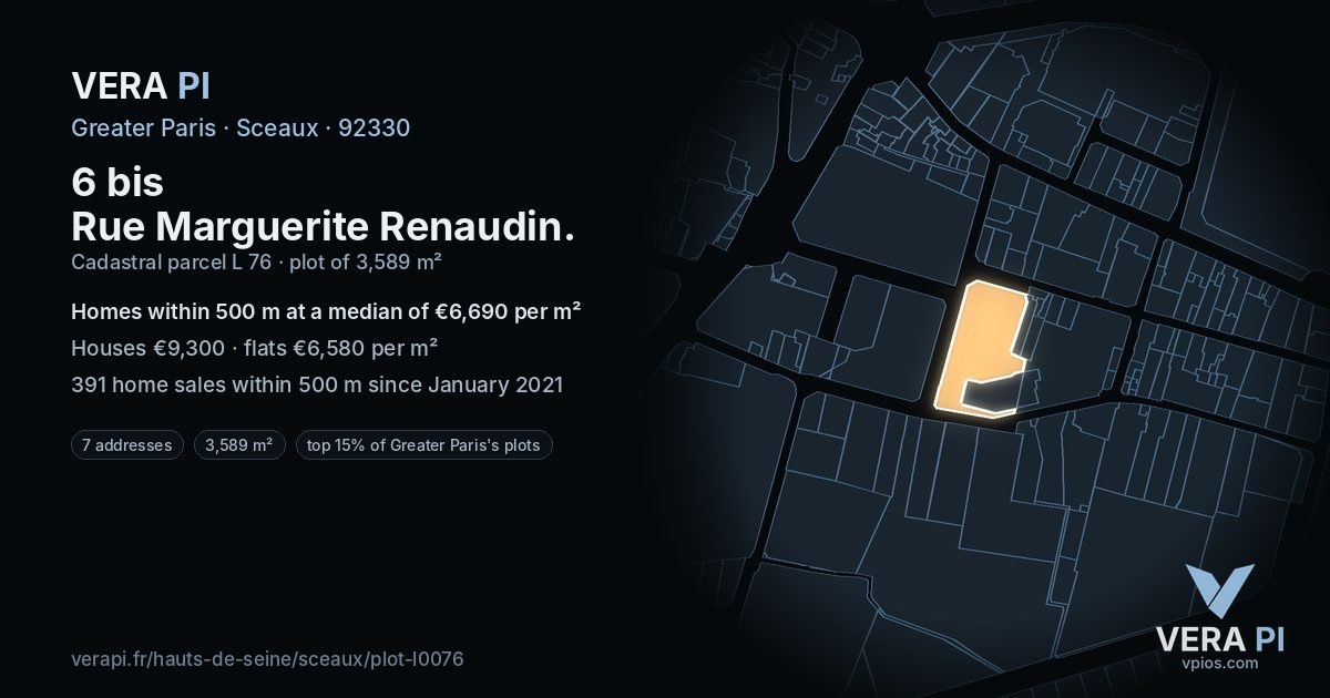 6 bis Rue Marguerite Renaudin, Sceaux at night – the plot lit, the parcels around coloured by the prices near them
