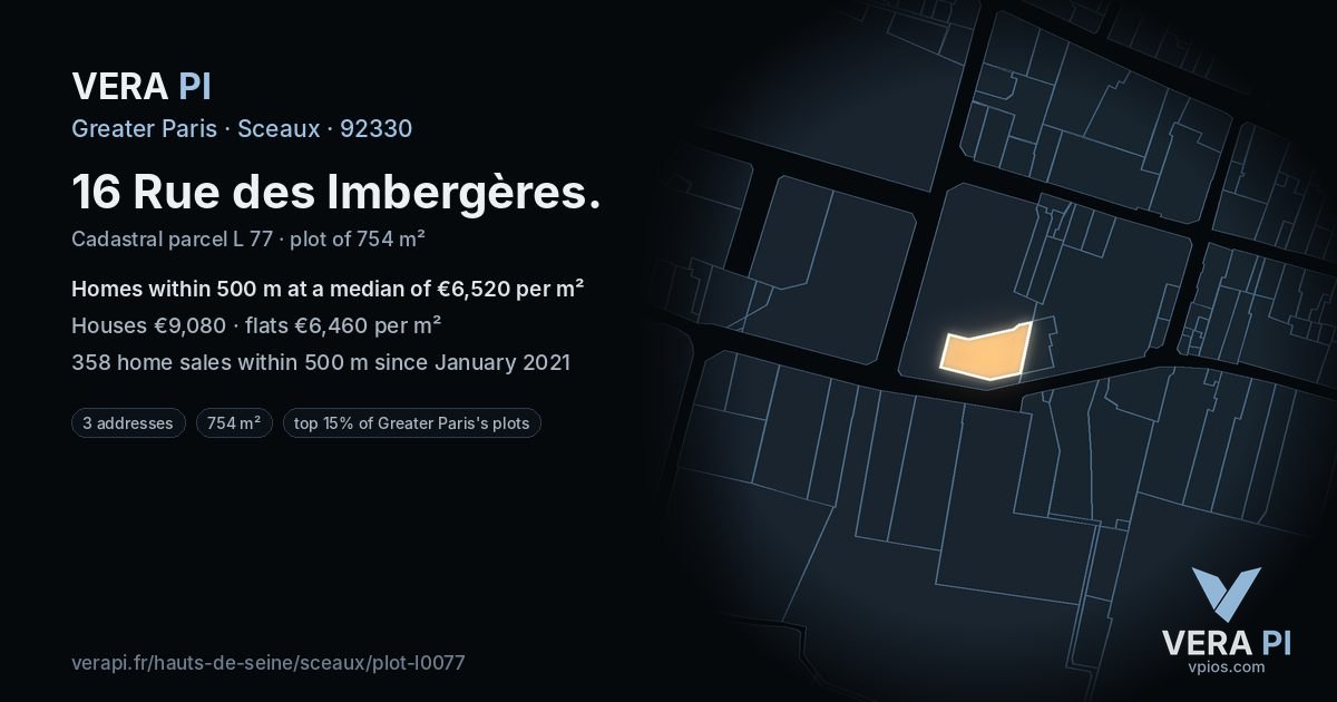 16 Rue des Imbergères, Sceaux at night – the plot lit, the parcels around coloured by the prices near them