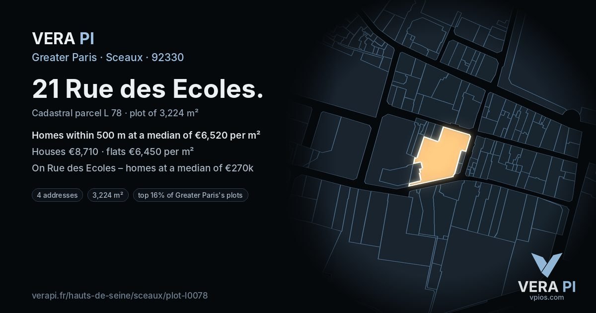 21 Rue des Ecoles, Sceaux at night – the plot lit, the parcels around coloured by the prices near them