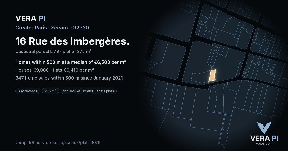 16 Rue des Imbergères, Sceaux at night – the plot lit, the parcels around coloured by the prices near them