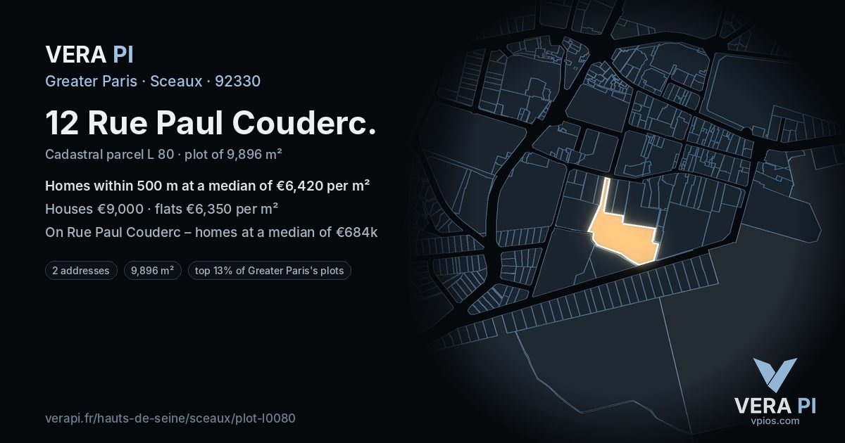 12 Rue Paul Couderc, Sceaux at night – the plot lit, the parcels around coloured by the prices near them
