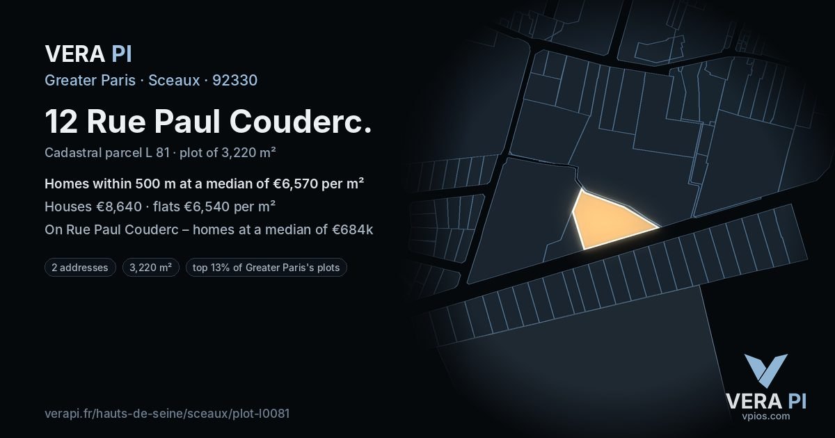 12 Rue Paul Couderc, Sceaux at night – the plot lit, the parcels around coloured by the prices near them