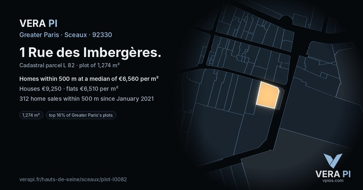 1 Rue des Imbergères, Sceaux at night – the plot lit, the parcels around coloured by the prices near them