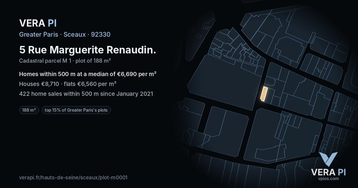 5 Rue Marguerite Renaudin, Sceaux at night – the plot lit, the parcels around coloured by the prices near them