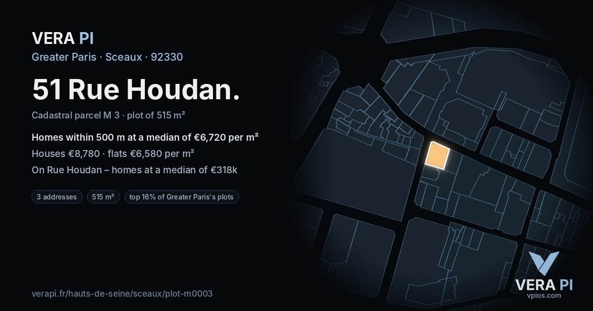 51 Rue Houdan, Sceaux at night – the plot lit, the parcels around coloured by the prices near them