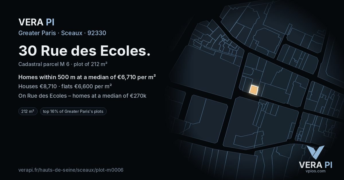 30 Rue des Ecoles, Sceaux at night – the plot lit, the parcels around coloured by the prices near them