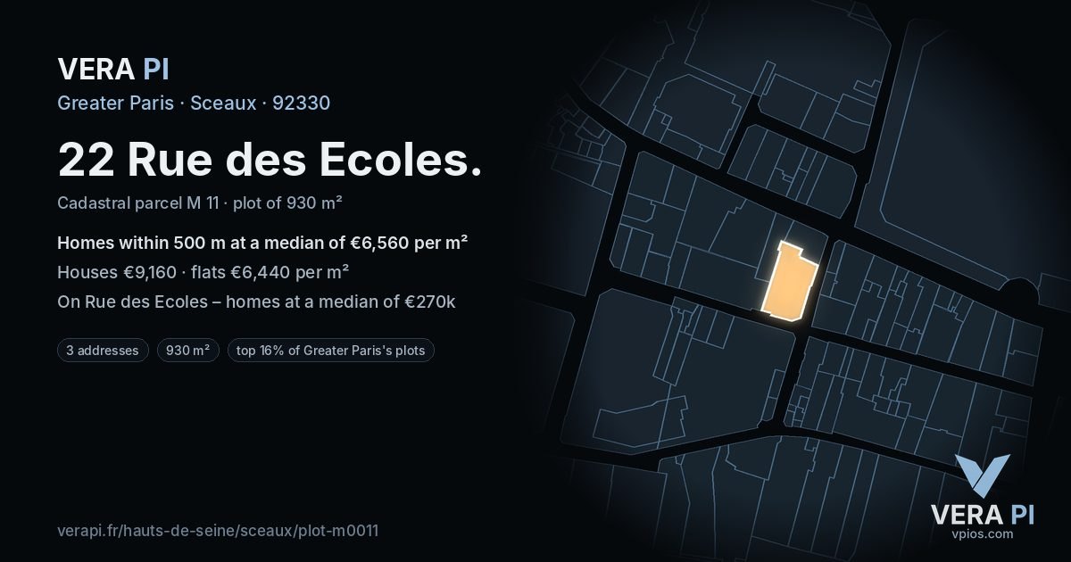22 Rue des Ecoles, Sceaux at night – the plot lit, the parcels around coloured by the prices near them