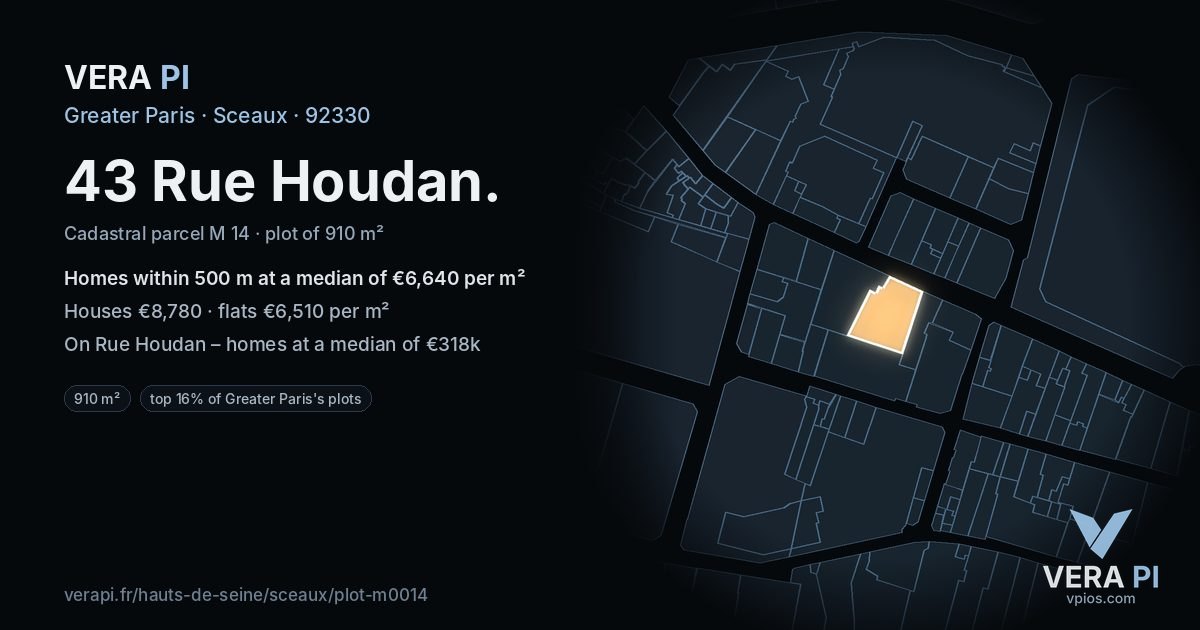 43 Rue Houdan, Sceaux at night – the plot lit, the parcels around coloured by the prices near them