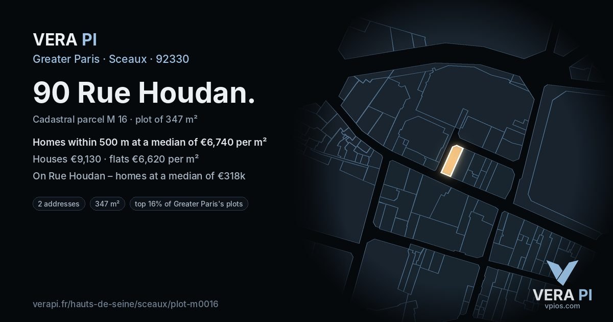 90 Rue Houdan, Sceaux at night – the plot lit, the parcels around coloured by the prices near them