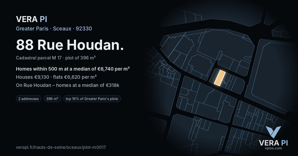 88 Rue Houdan, Sceaux at night – the plot lit, the parcels around coloured by the prices near them