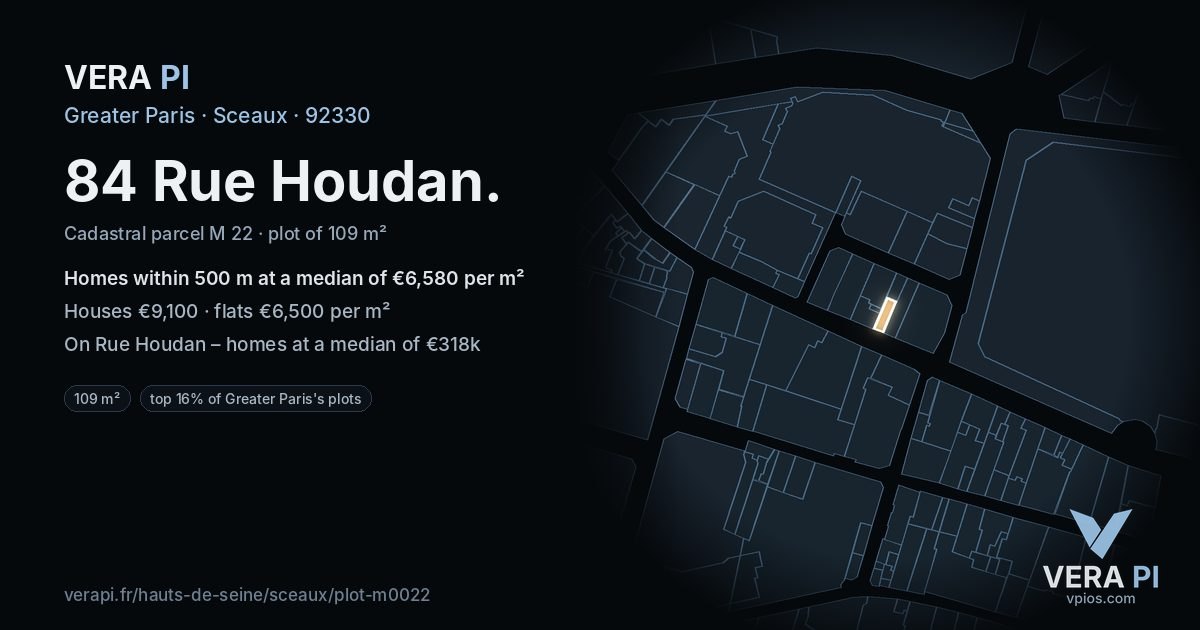 84 Rue Houdan, Sceaux at night – the plot lit, the parcels around coloured by the prices near them
