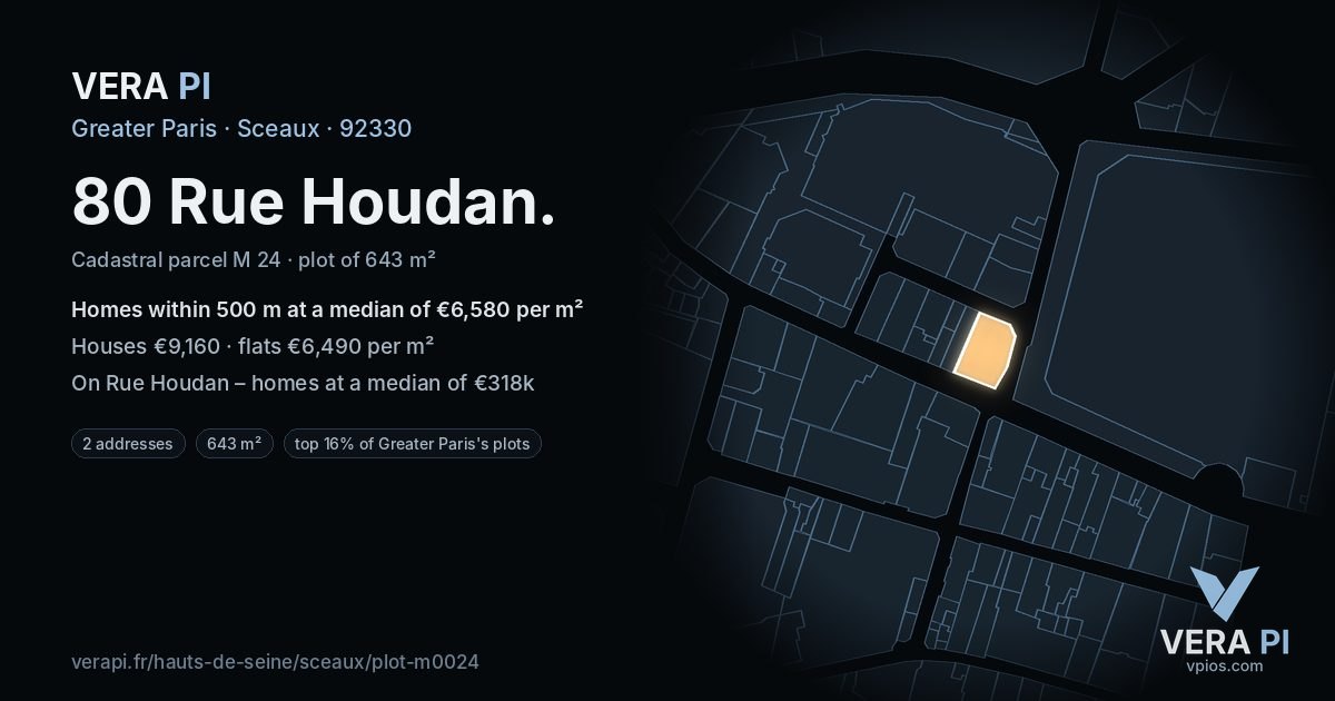 80 Rue Houdan, Sceaux at night – the plot lit, the parcels around coloured by the prices near them