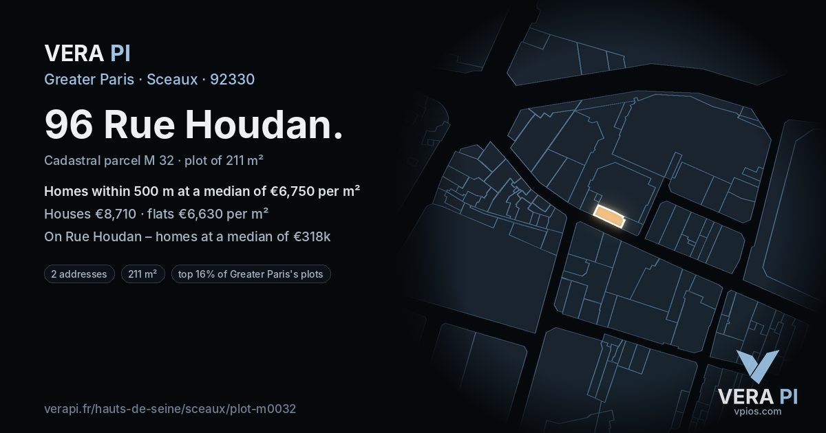96 Rue Houdan, Sceaux at night – the plot lit, the parcels around coloured by the prices near them