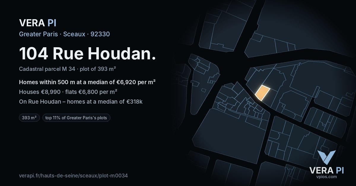 104 Rue Houdan, Sceaux at night – the plot lit, the parcels around coloured by the prices near them