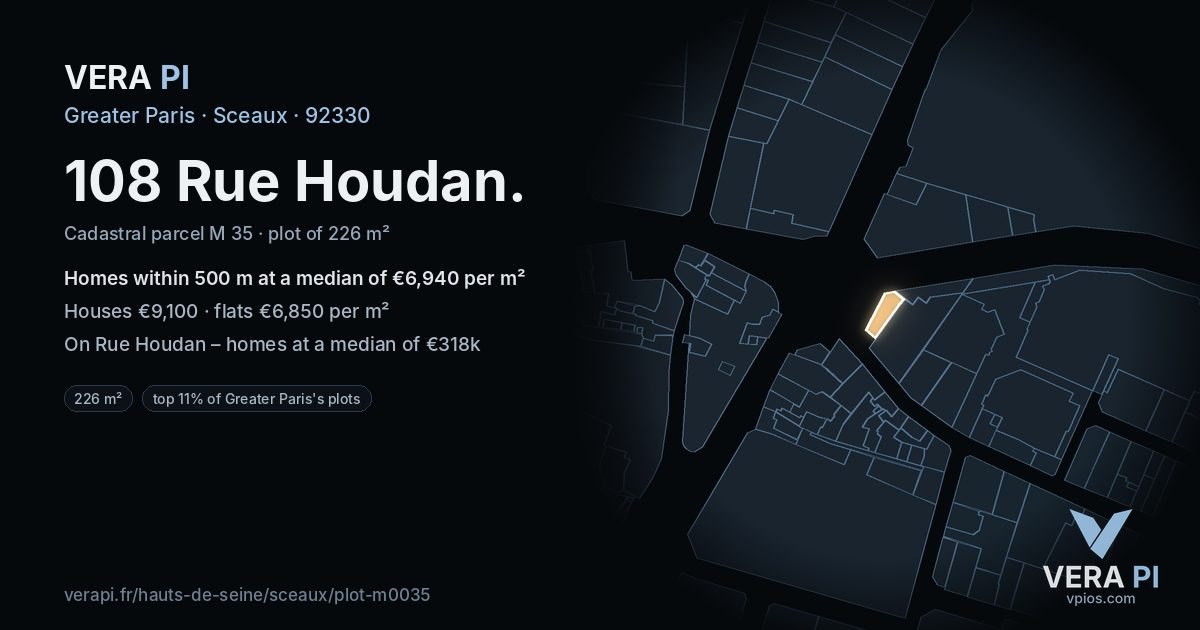 108 Rue Houdan, Sceaux at night – the plot lit, the parcels around coloured by the prices near them