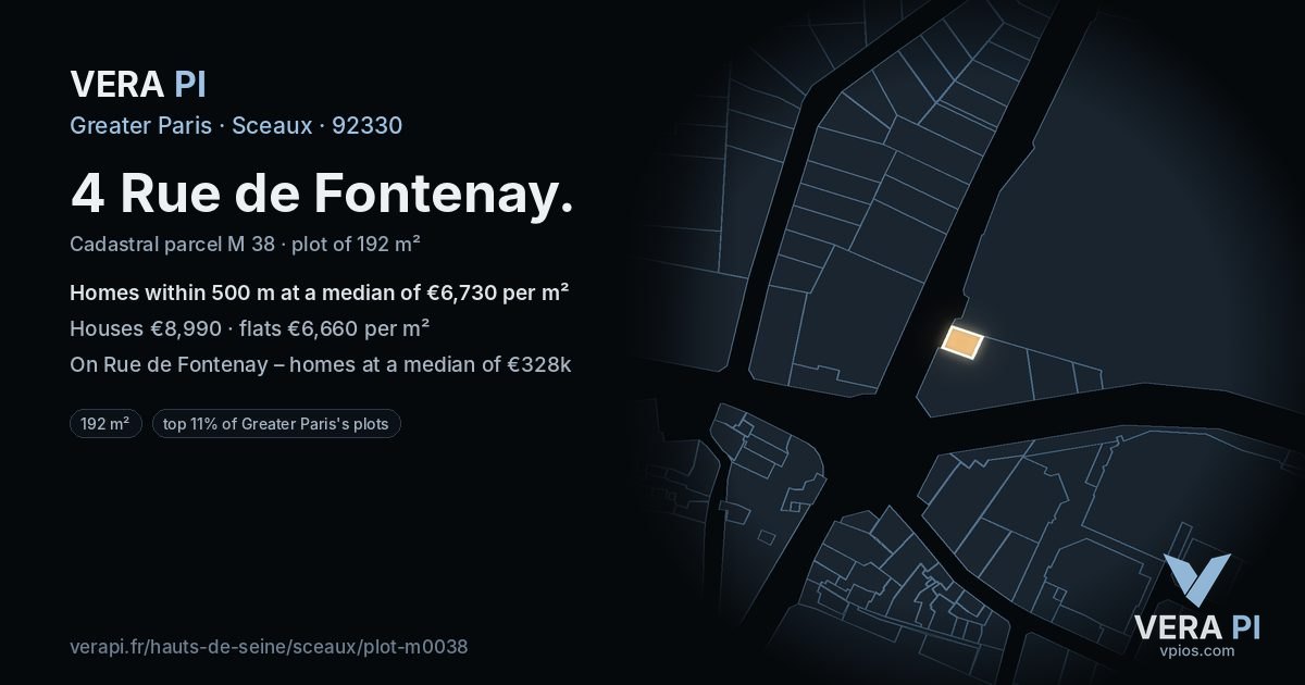 4 Rue de Fontenay, Sceaux at night – the plot lit, the parcels around coloured by the prices near them