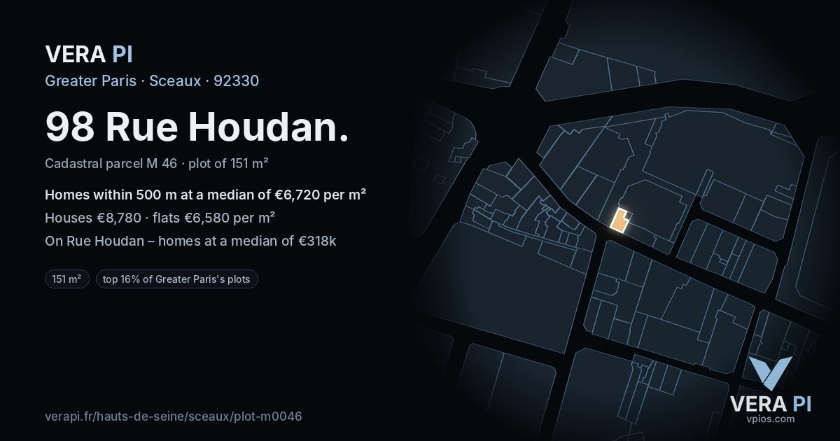 98 Rue Houdan, Sceaux at night – the plot lit, the parcels around coloured by the prices near them