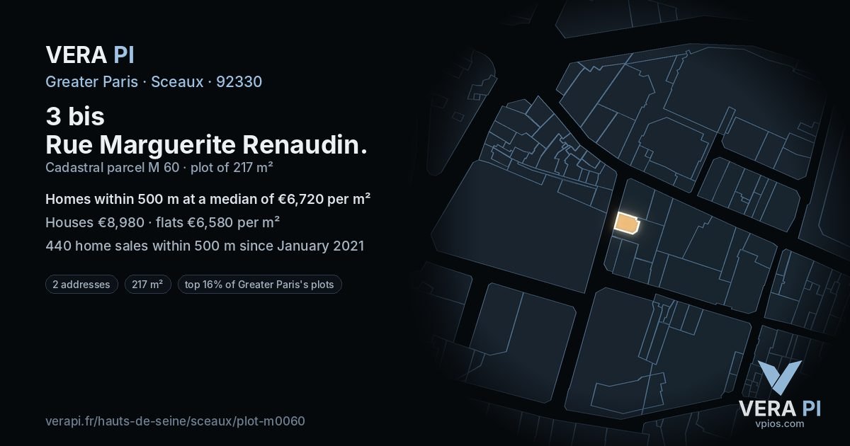 3 bis Rue Marguerite Renaudin, Sceaux at night – the plot lit, the parcels around coloured by the prices near them