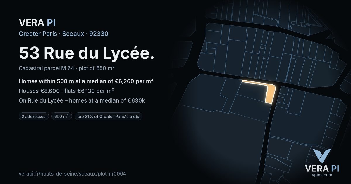 53 Rue du Lycée, Sceaux at night – the plot lit, the parcels around coloured by the prices near them