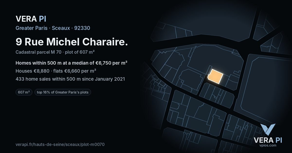 9 Rue Michel Charaire, Sceaux at night – the plot lit, the parcels around coloured by the prices near them