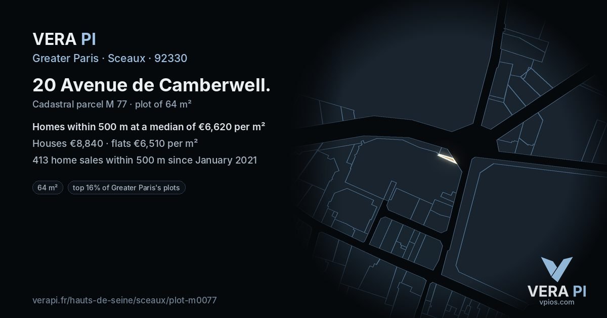 20 Avenue de Camberwell, Sceaux at night – the plot lit, the parcels around coloured by the prices near them