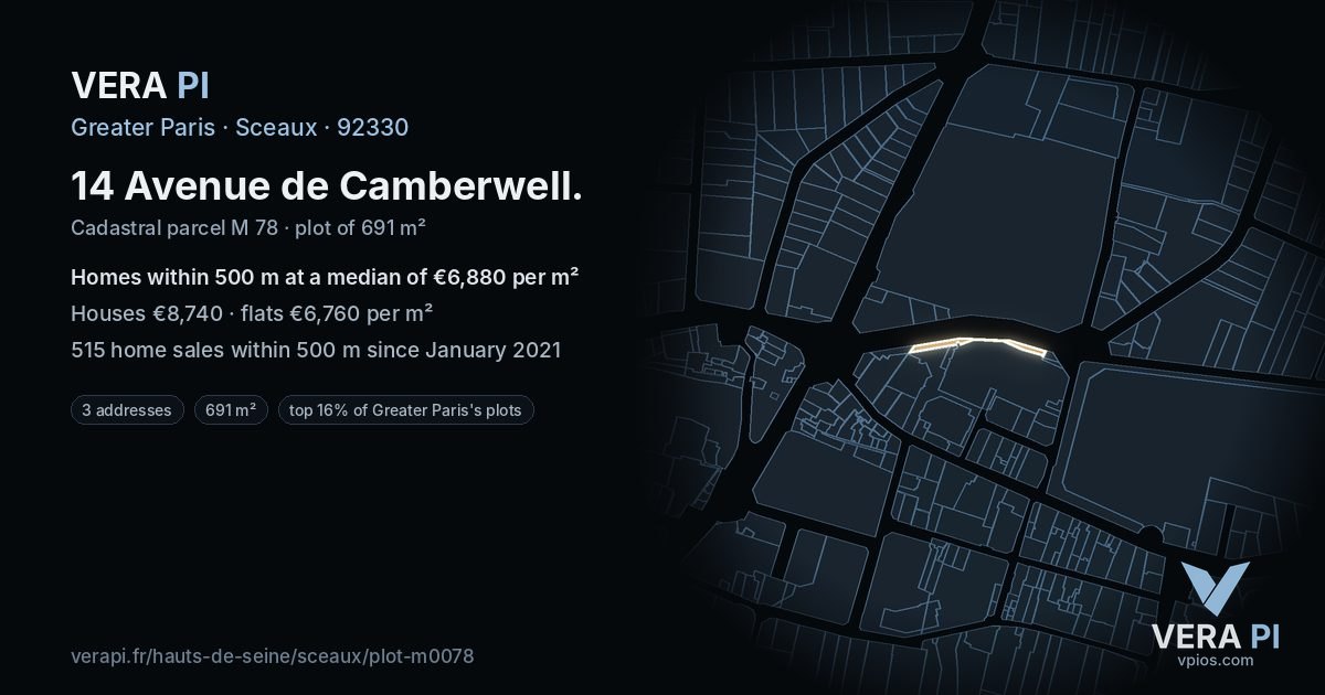14 Avenue de Camberwell, Sceaux at night – the plot lit, the parcels around coloured by the prices near them