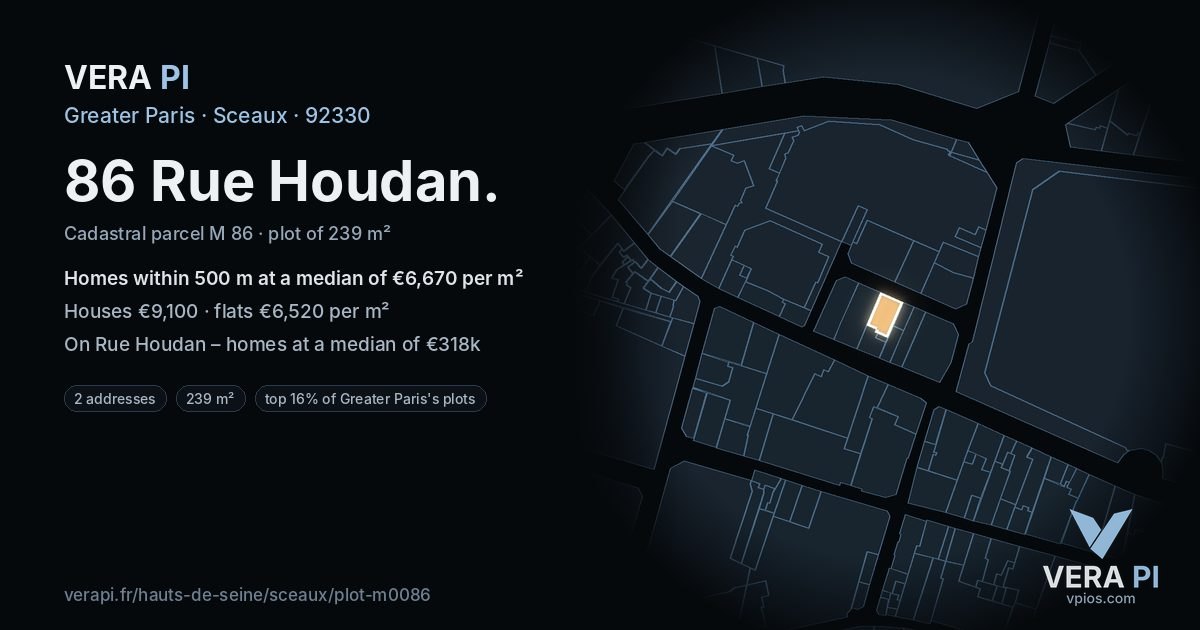 86 Rue Houdan, Sceaux at night – the plot lit, the parcels around coloured by the prices near them