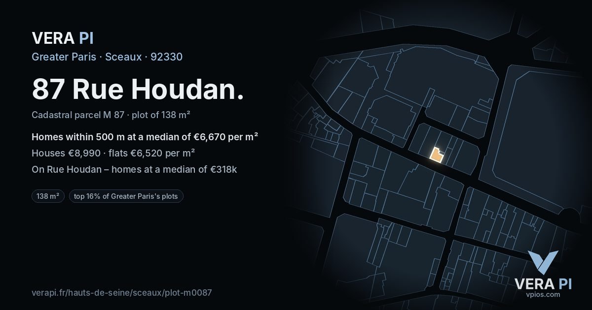 87 Rue Houdan, Sceaux at night – the plot lit, the parcels around coloured by the prices near them