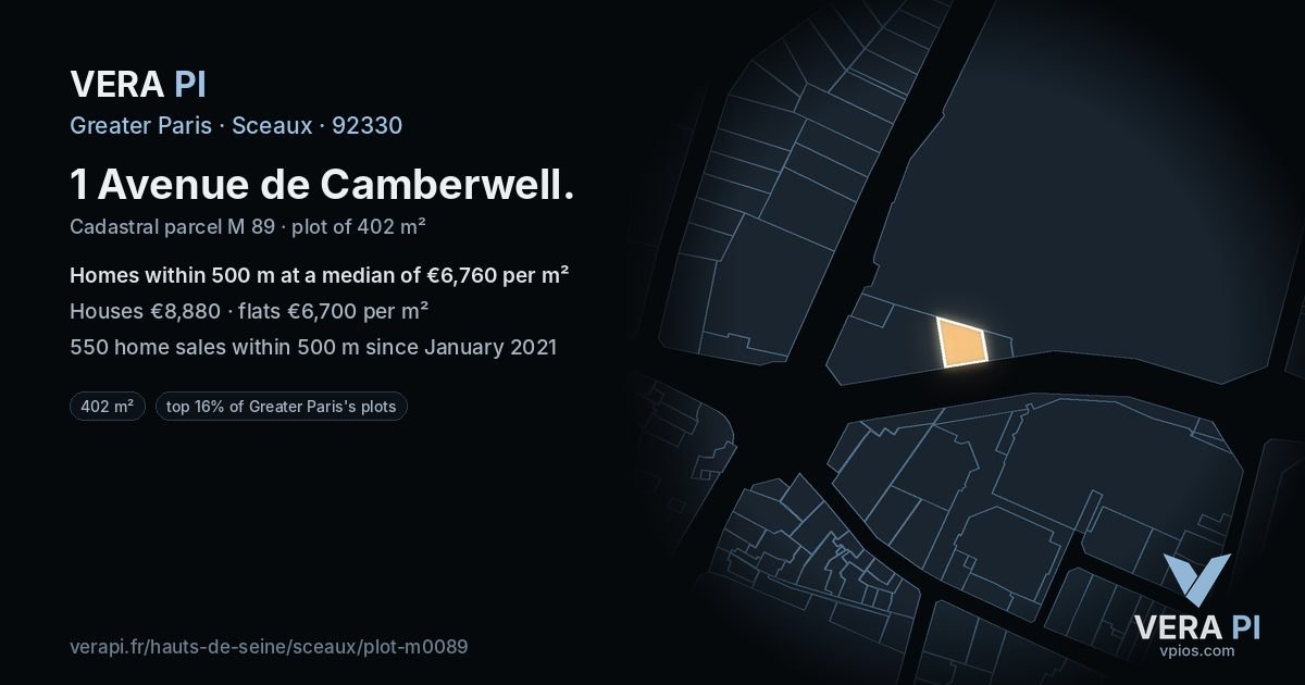 1 Avenue de Camberwell, Sceaux at night – the plot lit, the parcels around coloured by the prices near them