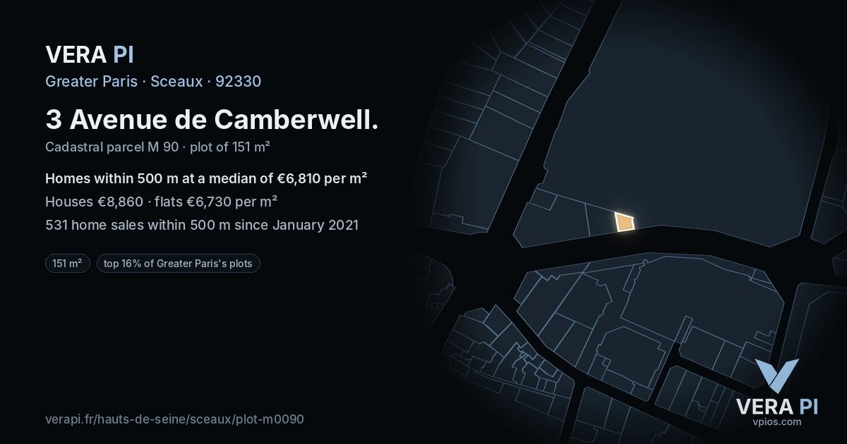 3 Avenue de Camberwell, Sceaux at night – the plot lit, the parcels around coloured by the prices near them