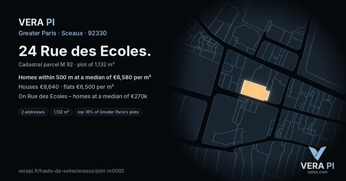24 Rue des Ecoles, Sceaux at night – the plot lit, the parcels around coloured by the prices near them