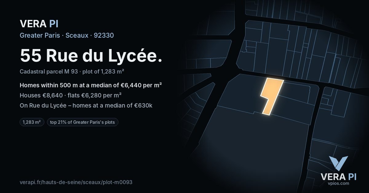 55 Rue du Lycée, Sceaux at night – the plot lit, the parcels around coloured by the prices near them