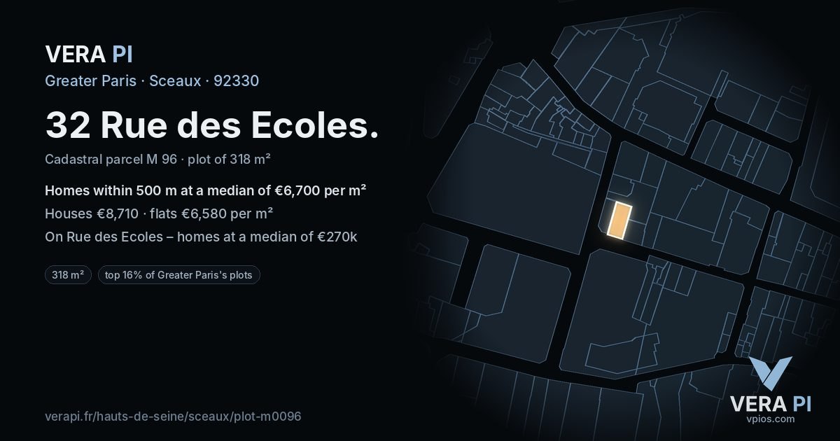 32 Rue des Ecoles, Sceaux at night – the plot lit, the parcels around coloured by the prices near them